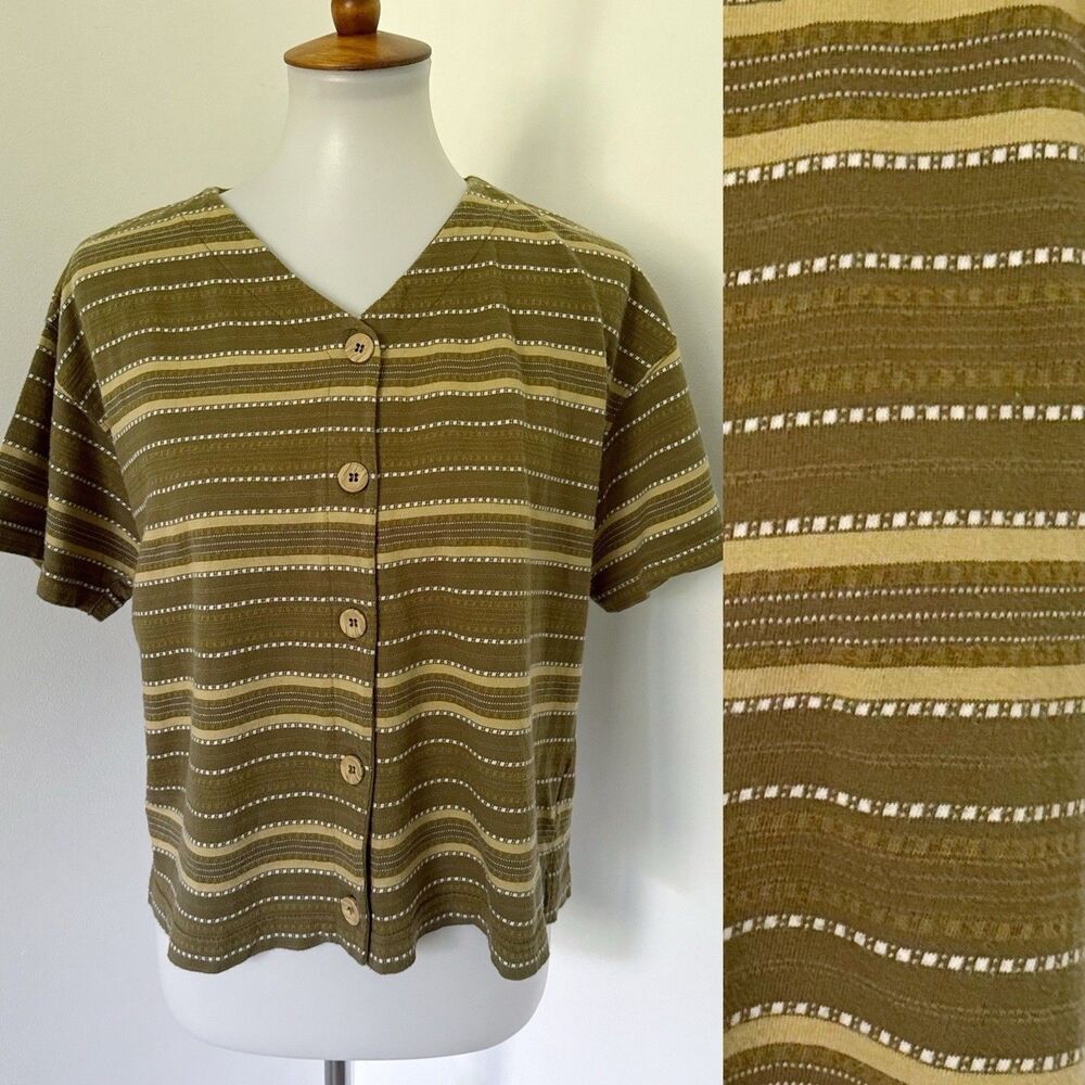 Vintage Striped Button Front Boxy Tee Shirt Top Earth Tones L Large Indie Gunge